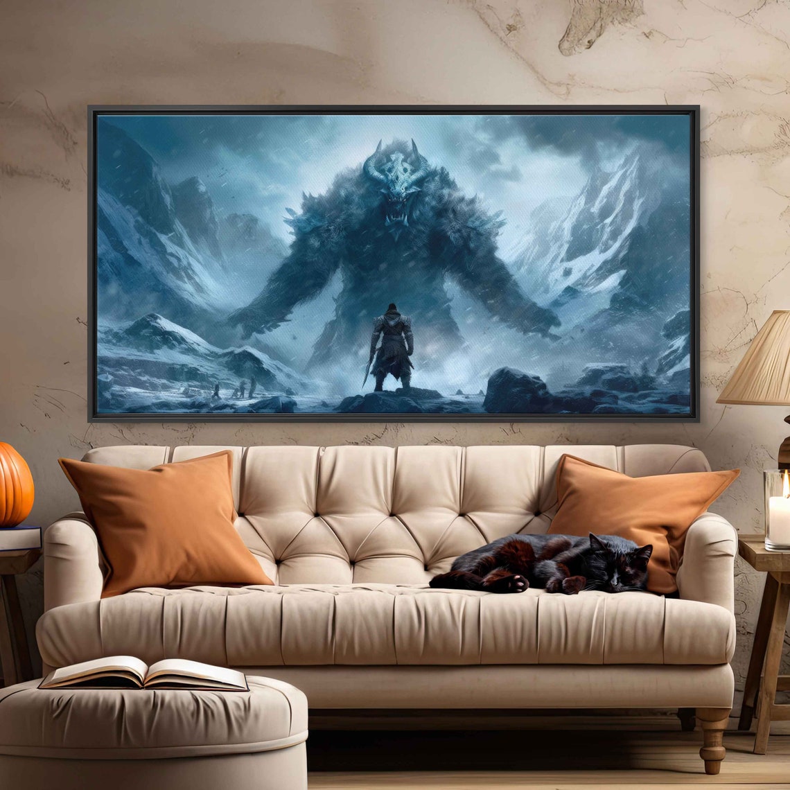 Barbarian Warrior Facing Giant Snow Yeti Frozen Mountain Art Poster - Image 2