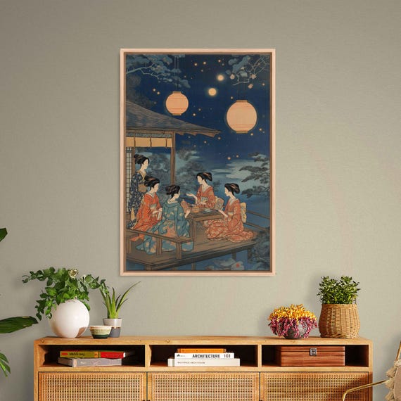 Ukiyo E Women In Teahouse Wall Art Print Moonlit Gathering Intricate Kimonos Night Sky