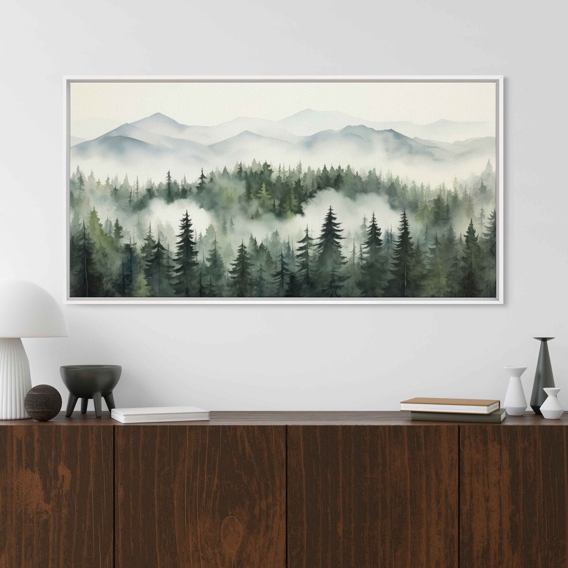 Foggy Forest Tree Line Watercolor Wall Art Print Mountain Range Ready To Hang - Image 3