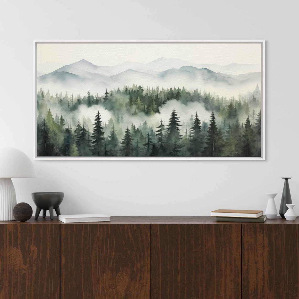 Foggy Mountain Forest Watercolor Misty Pine Tree Line Nature Print - Image 3