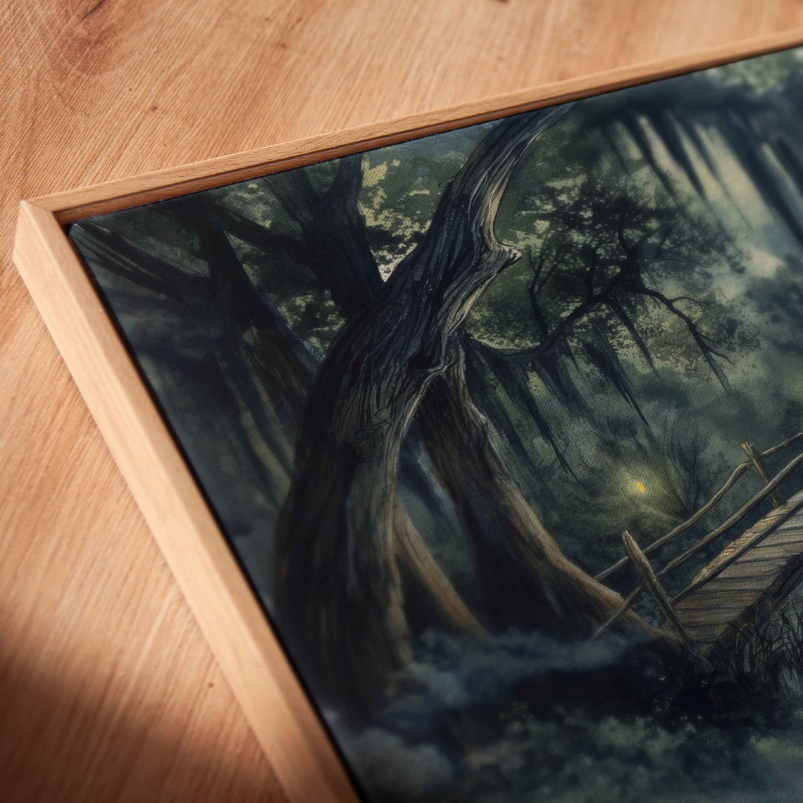 Old Wooden Bridge Moonlit Misty Swamp Foggy Night Halloween Print - Image 2