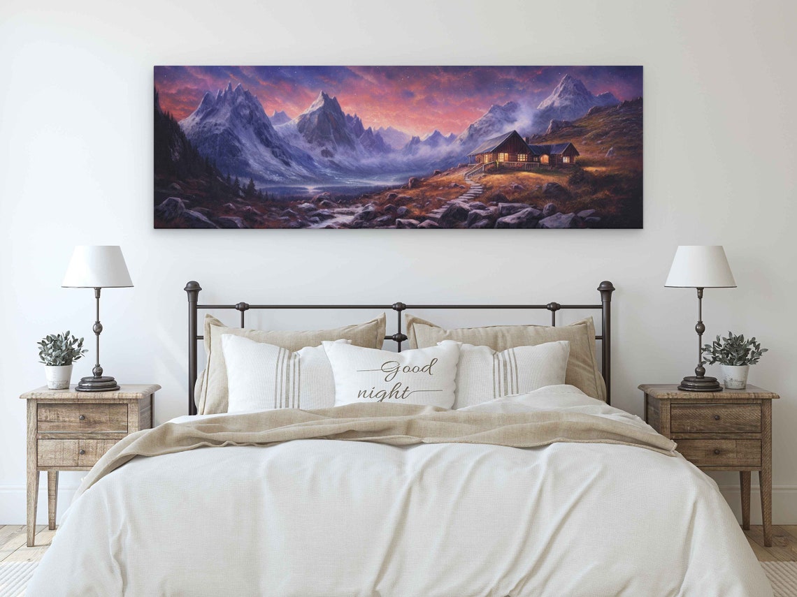 Alpine Cabin at Twilight Pink Sky Snowy Peaks Night Painting Poster - Image 3