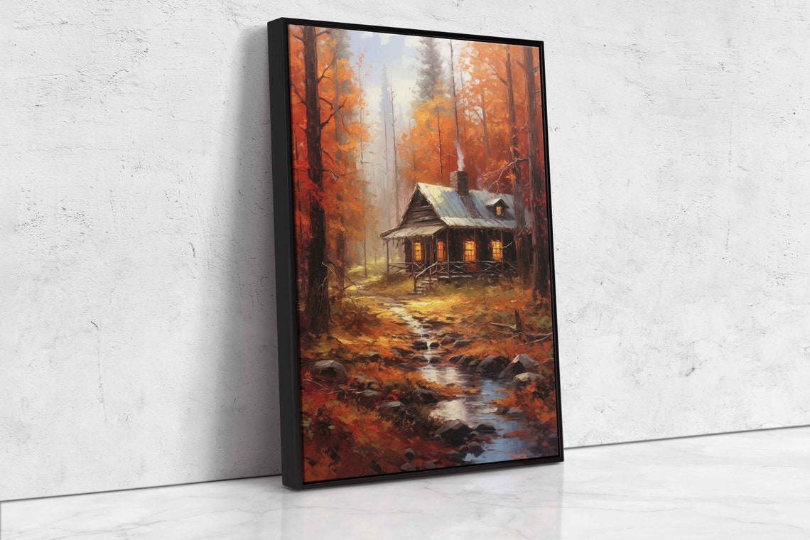 Cozy Autumn Cabin Orange Forest Stream Fall Colors Painting Print - Image 4