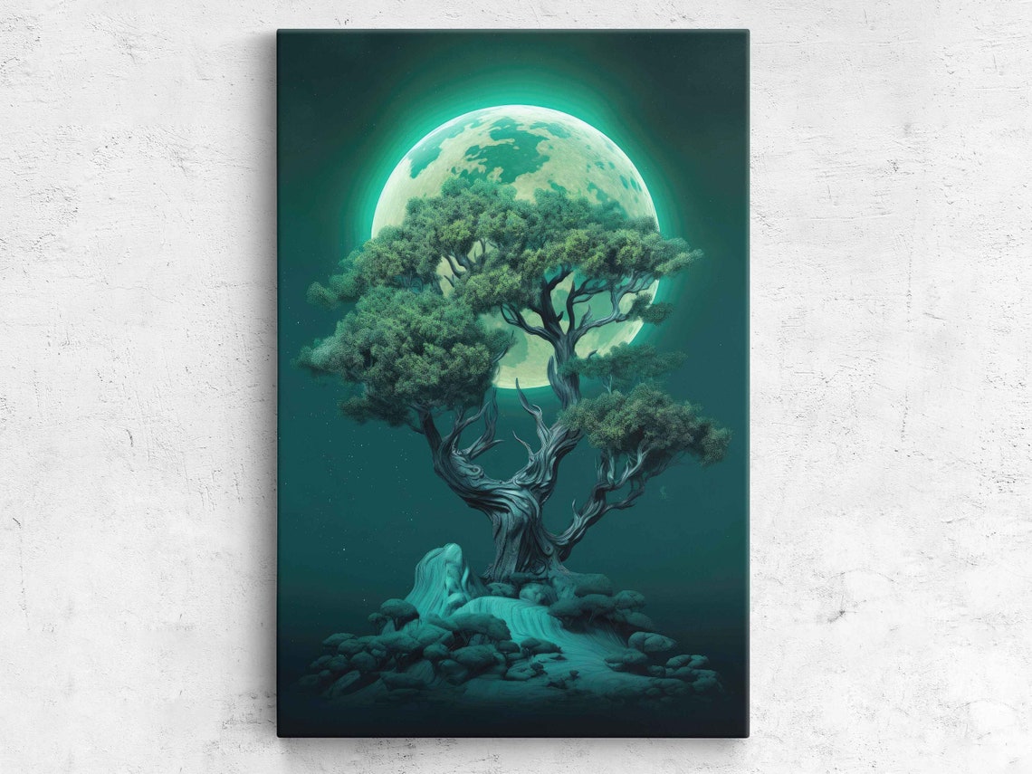 Twisted Tree Under Giant Full Moon Glowing Teal Night Fantasy Poster