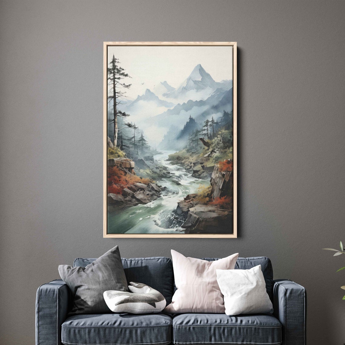 Foggy Mountain River Watercolor Rapids Pines Misty Peaks Art Poster - Image 3