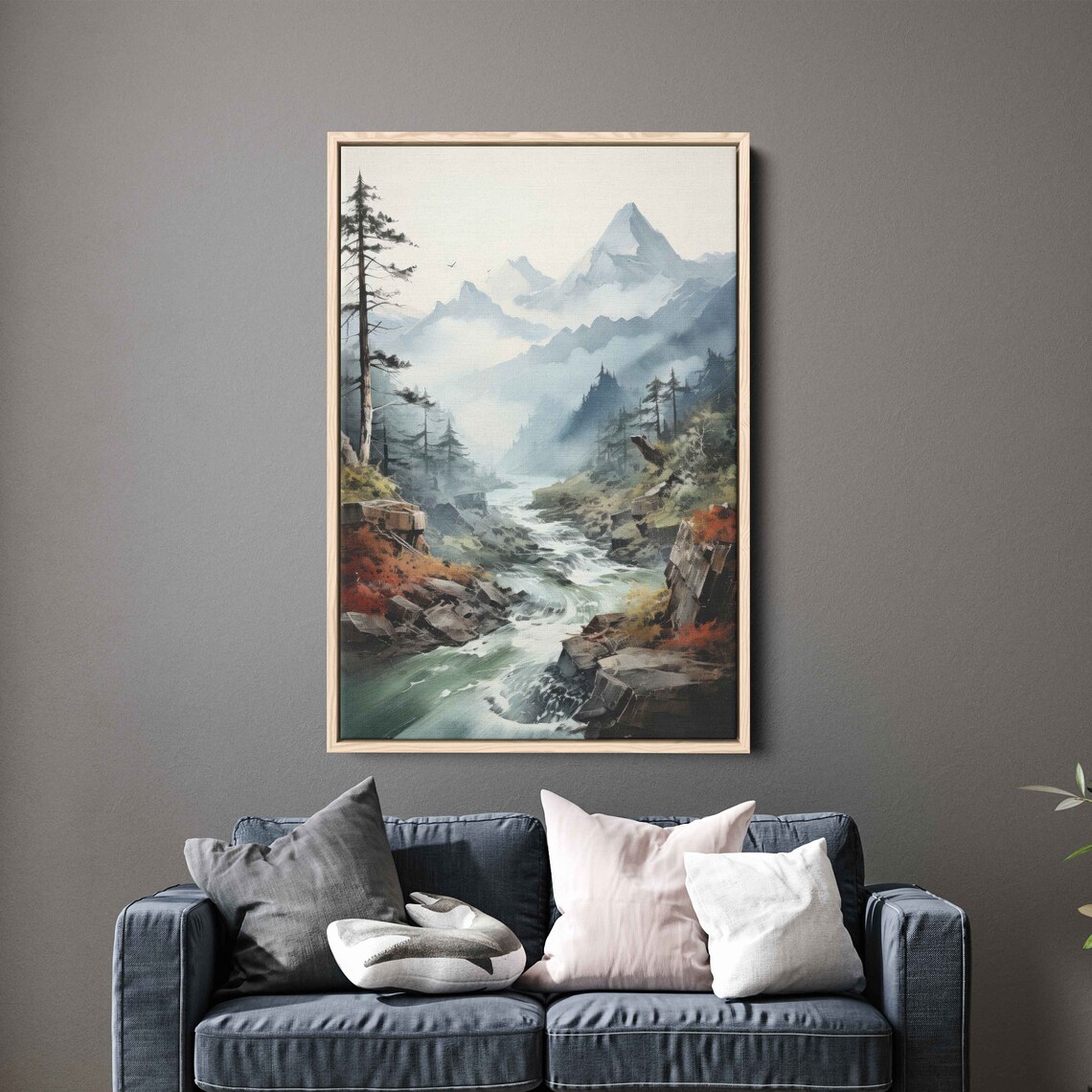 Foggy Watercolor Mountain River Wall Art Print Flowing Stream Peaceful Nature Cloudy Mountain Range Ready To Hang - Image 3