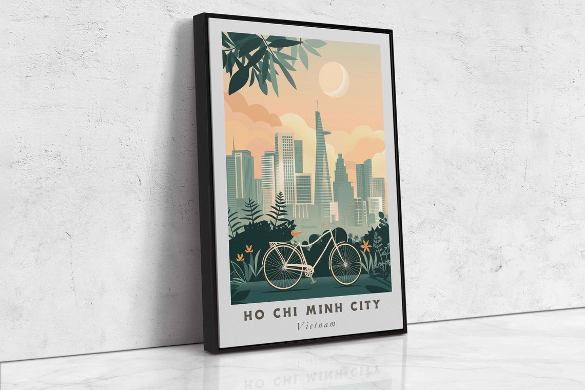 Ho Chi Minh City Vietnam Bicycle Skyline Crescent Moon Art Poster - Image 2