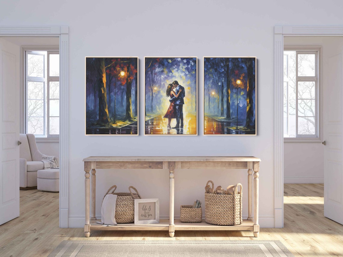Romantic Couple Night Park Lamp Triptych Palette Knife Wall Art - Image 3