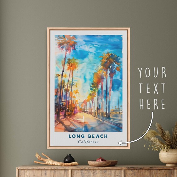 Long Beach California Palm Lined Street Ocean Watercolor Travel Poster