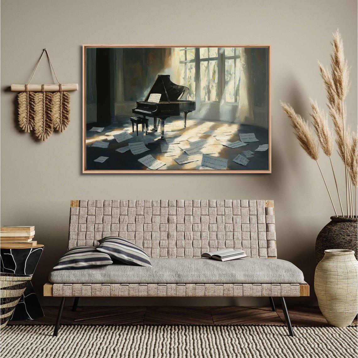 Grand Piano In Sunlit Room Scattered Sheet Music Elegant Art Poster