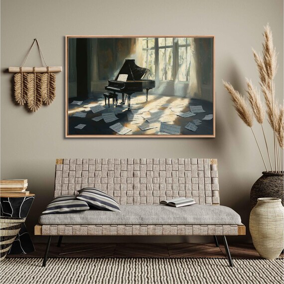 Grand Piano In Sunlit Room Scattered Sheet Music Elegant Art Poster