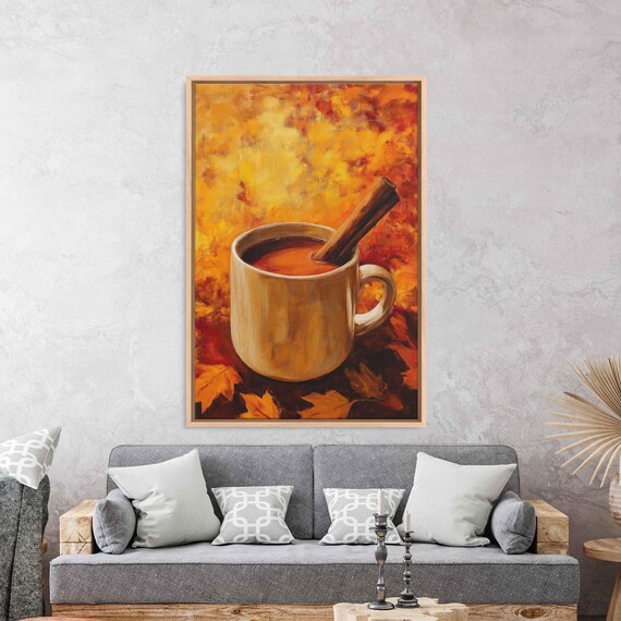 Hot Spiced Coffee Mug With Cinnamon Stick Against Fiery Autumn Leaves Art Poster