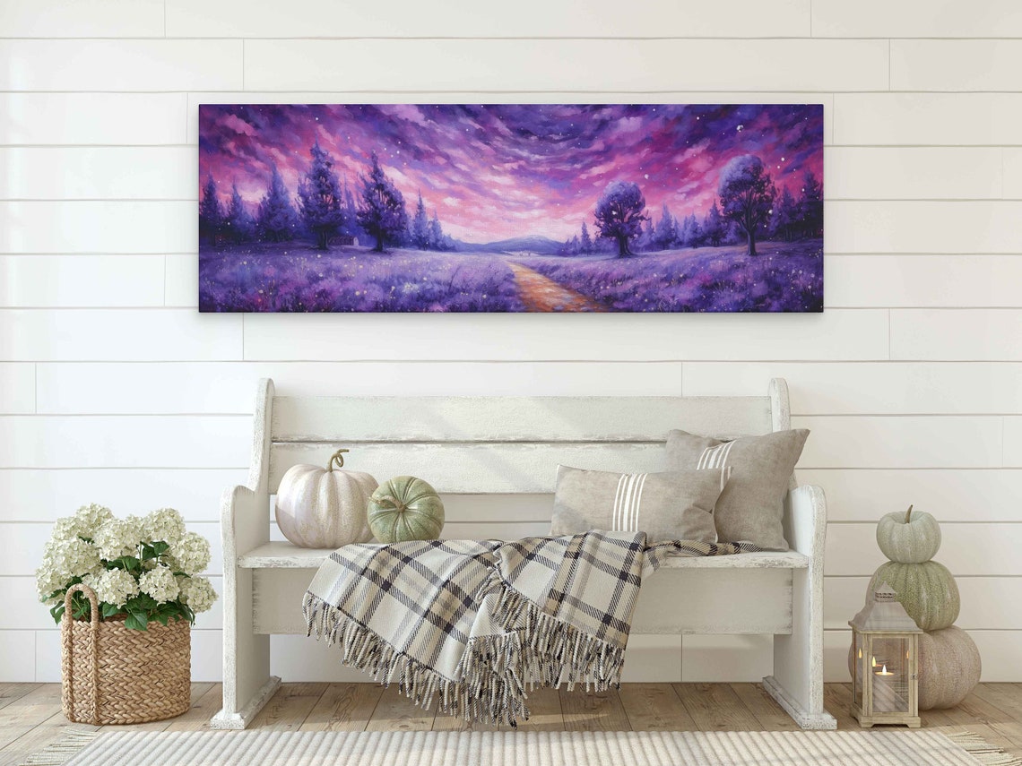 Lavender Field Pink Starry Night Sky Winding Path Panoramic Art Print - Image 2
