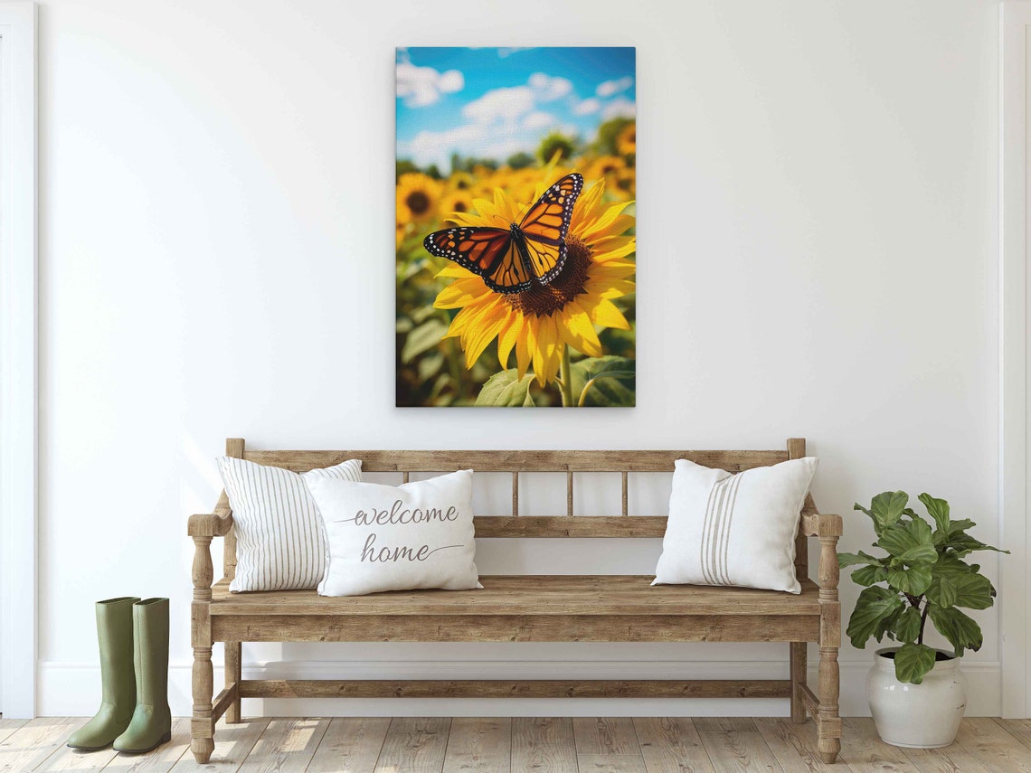 Monarch Butterfly on Sunflower Sunny Field Blue Sky Macro Art Poster - Image 2