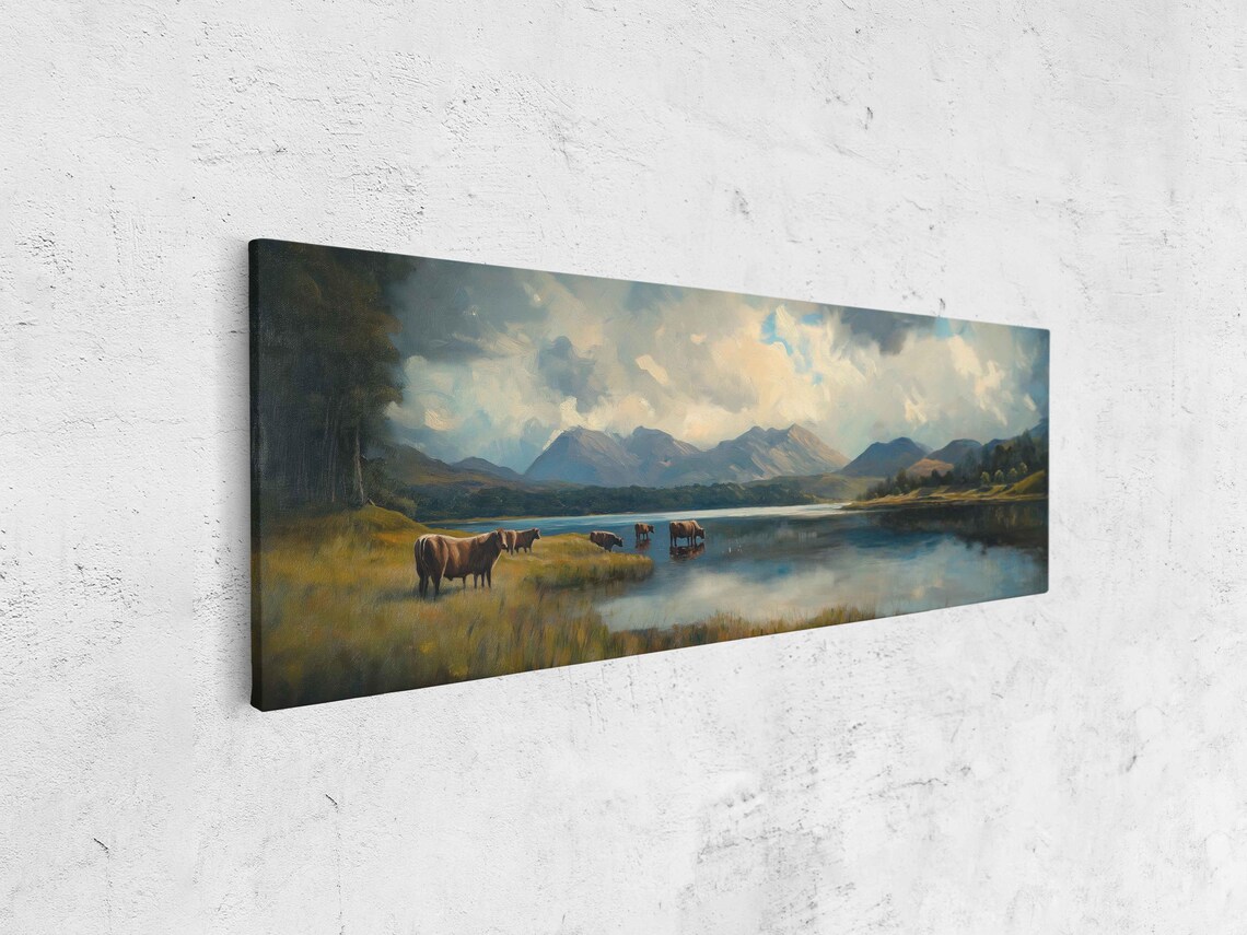 Highland Cows Grazing By Loch, Oil Texture Landscape - Image 4