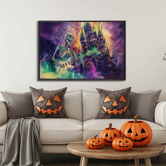Skeleton Playing Electric Guitar Haunted Castle Night Music Poster