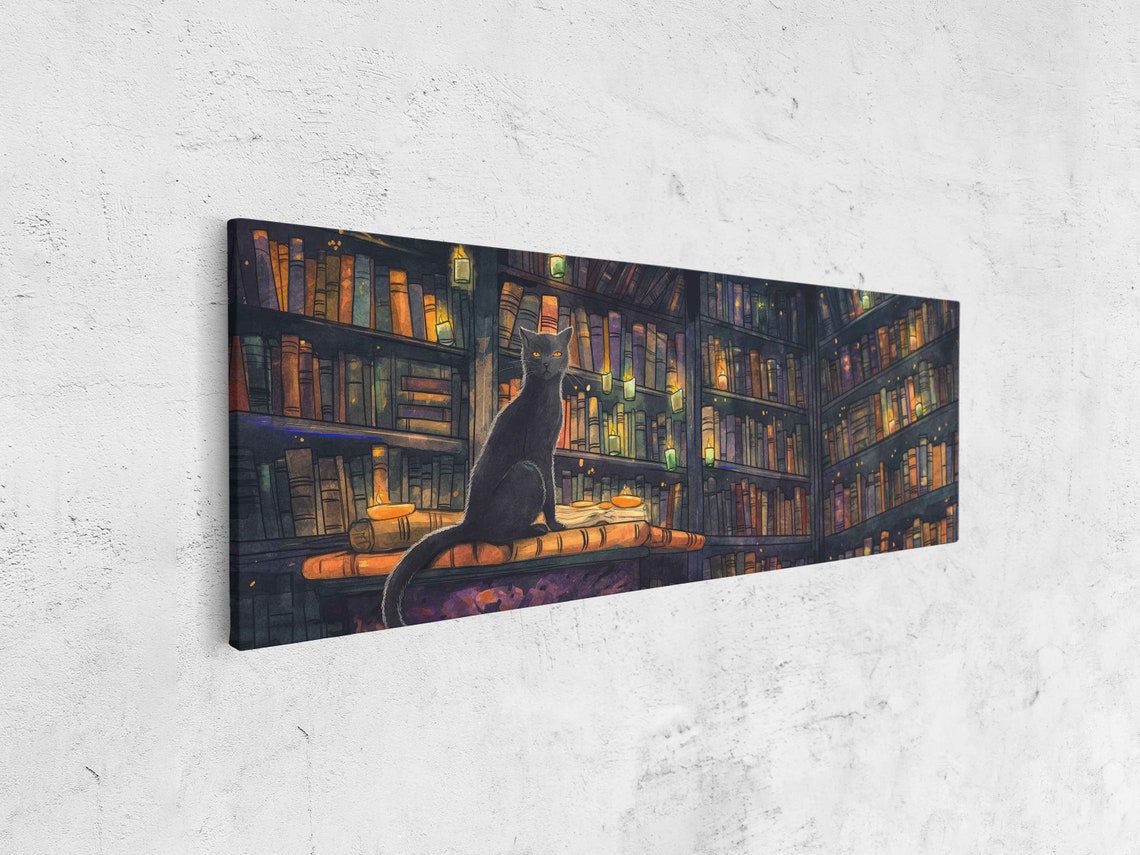 Black Cat In Spooky Witch Library With Glowing Candlelight Wall Poster - Image 4