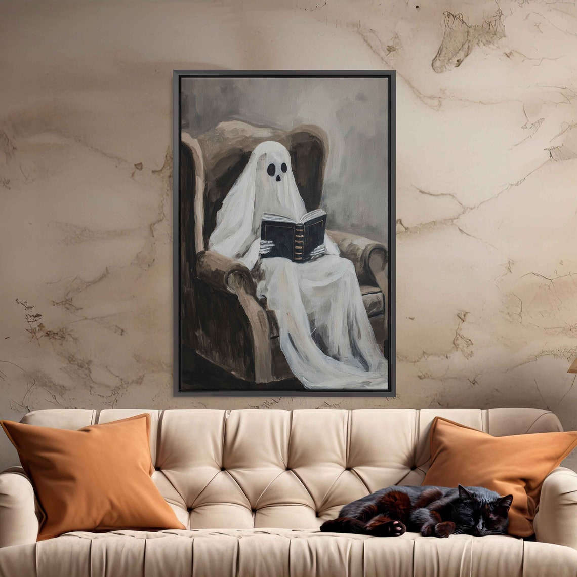Ghost Reading Book In Cozy Armchair Cute Spooky Acrylic Wall Art - Image 3