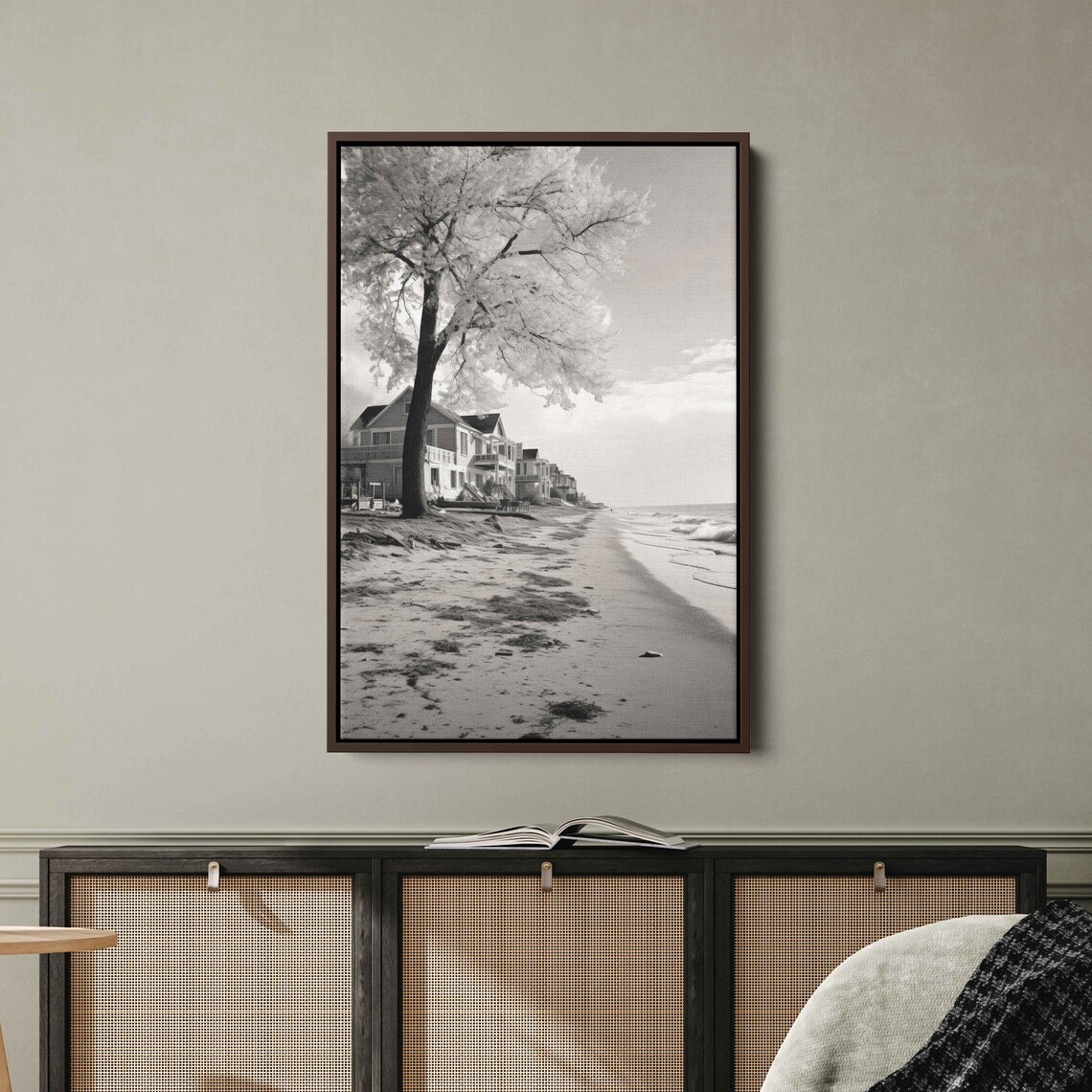 Grayscale Beach Houses Sandy Shoreline Rolling Waves Black White Photo Print - Image 2