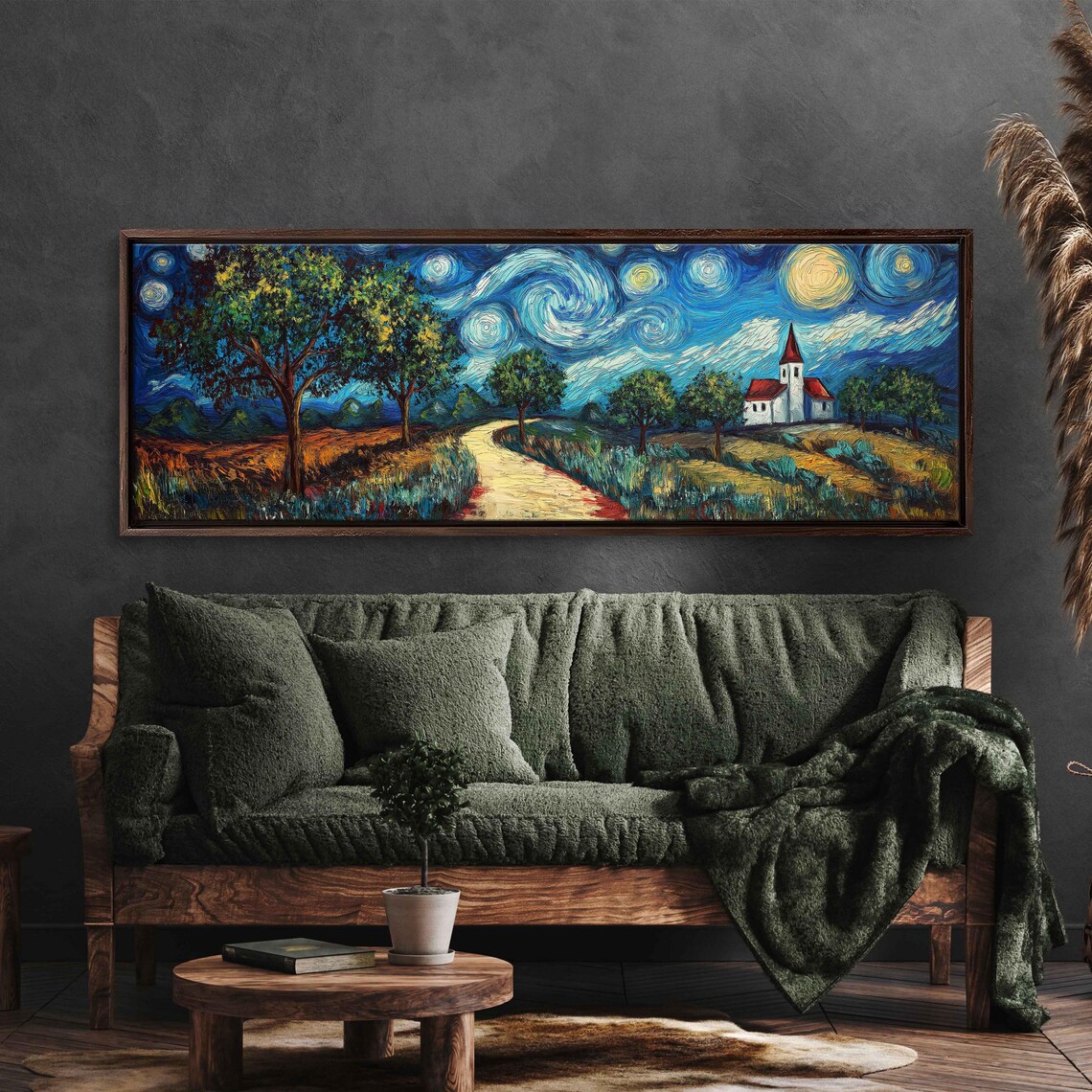 Path Through Trees to Chapel, Starry Night Landscape