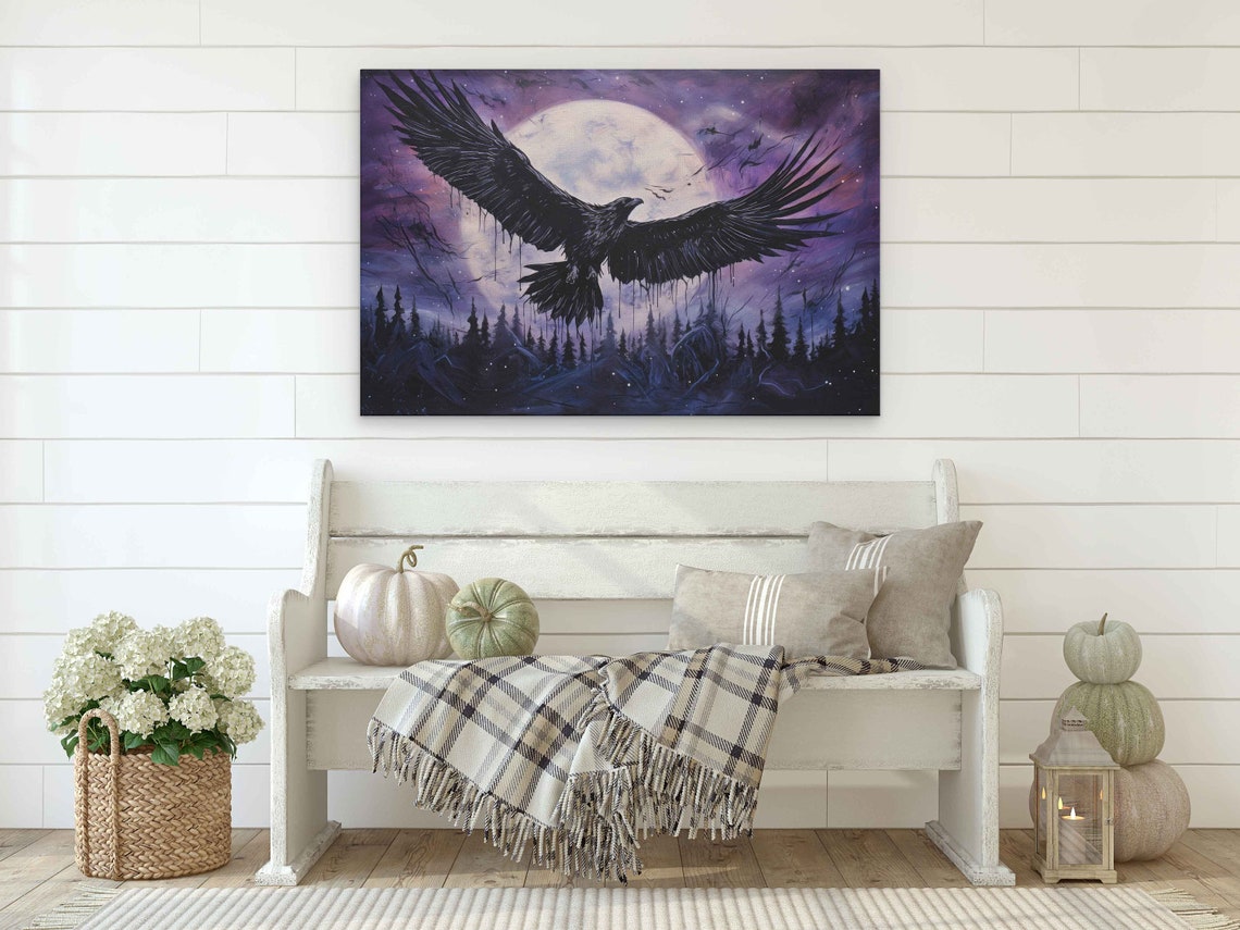Flying Crow Under Full Moon Purple Night Sky Mystical Bird Poster - Image 2