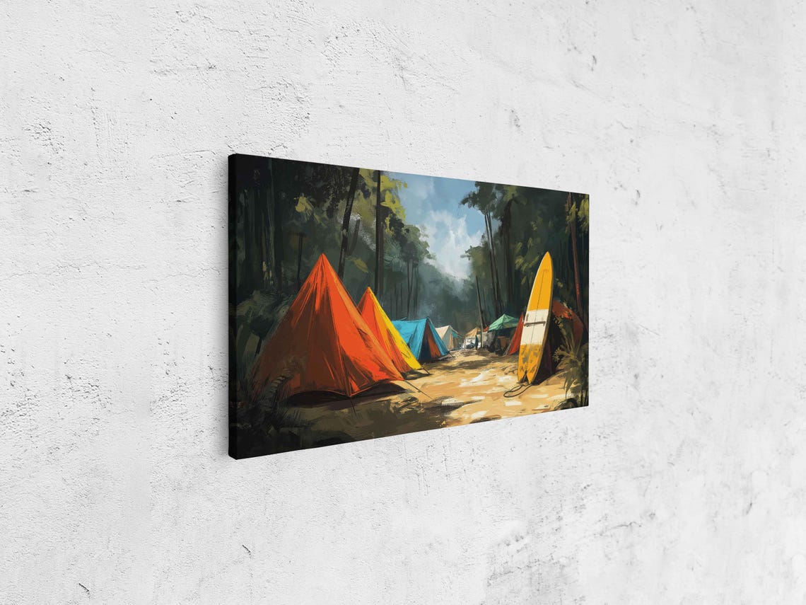 Colorful Surf Camp Tents Tropical Forest Surfboards Beach Life Poster - Image 4