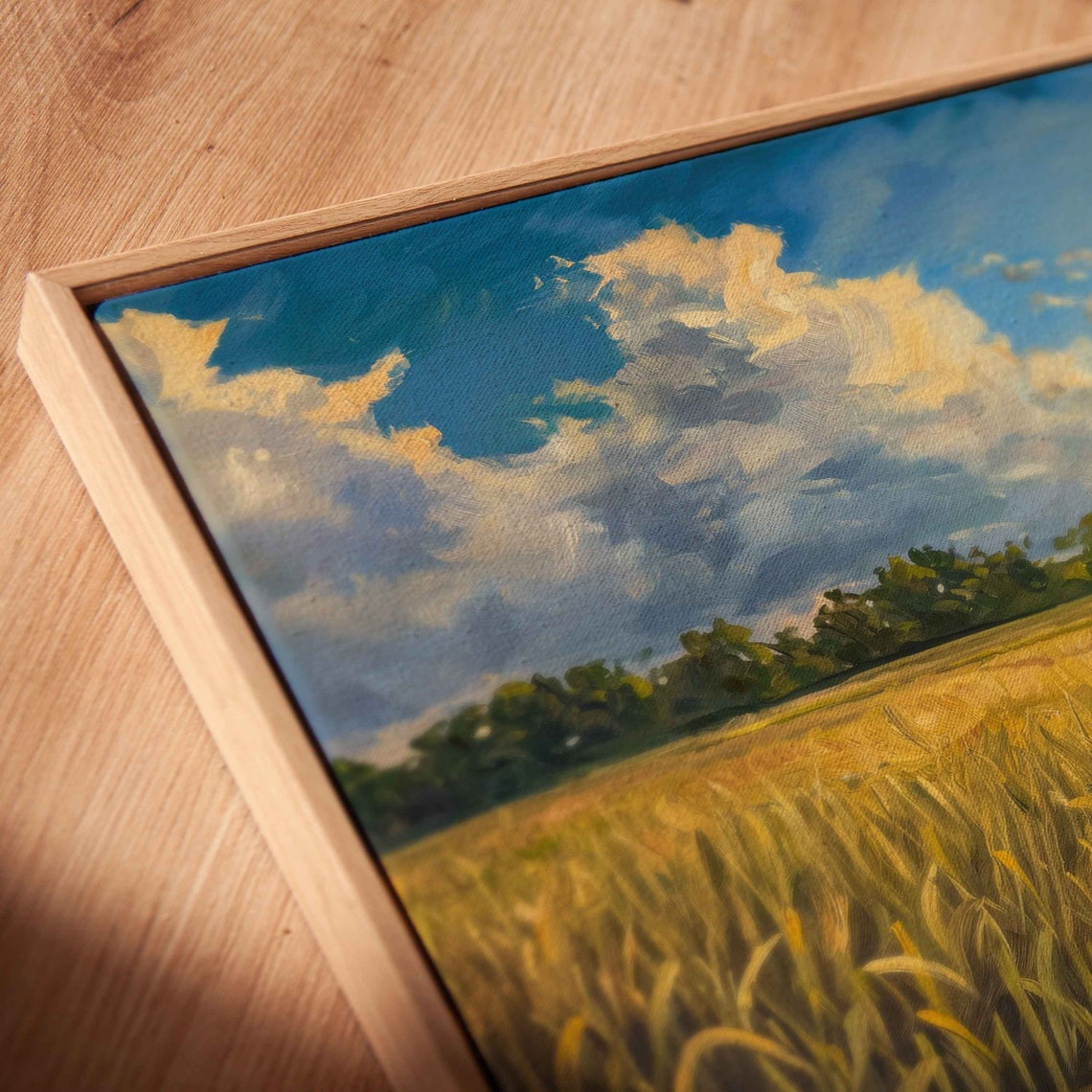 Golden Wheat Field Farmhouse Path Towering Clouds Blue Sky Painting - Image 2