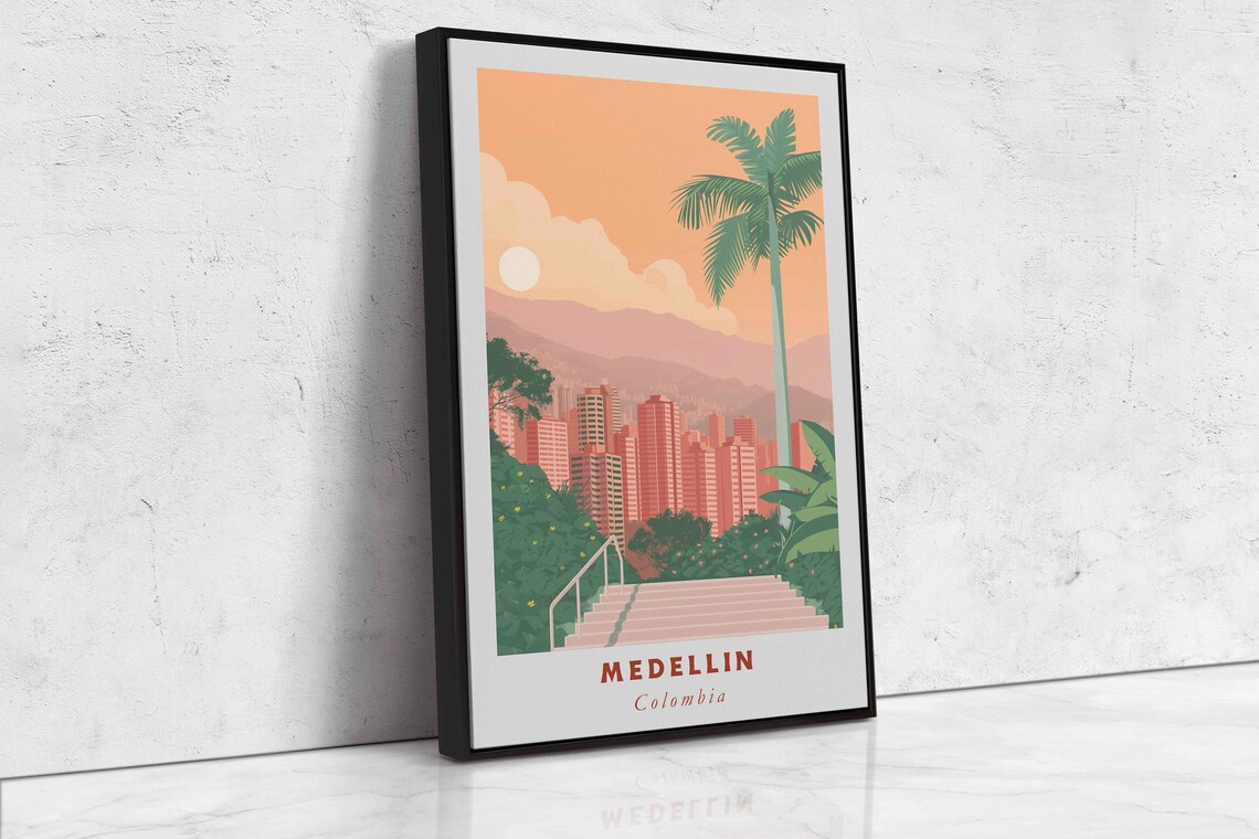 Medellin Colombia Hillside Stairs Skyline Sunset Travel Poster - Image 2