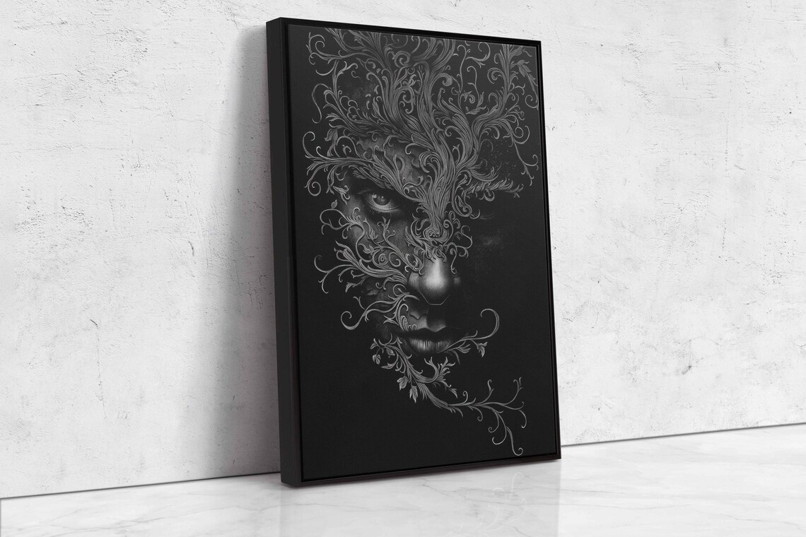 Mysterious Gothic Face Emerging From Ornate Filigree Swirls Monochrome Art Poster - Image 4