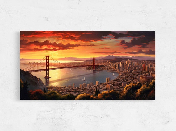 Golden Gate Bridge Sunset Painting Framed Print Ready To Hang California Art Los Angeles California