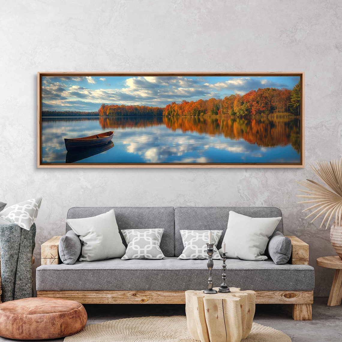 Canoe On Calm Autumn Lake With Mirror Reflections Nature Poster