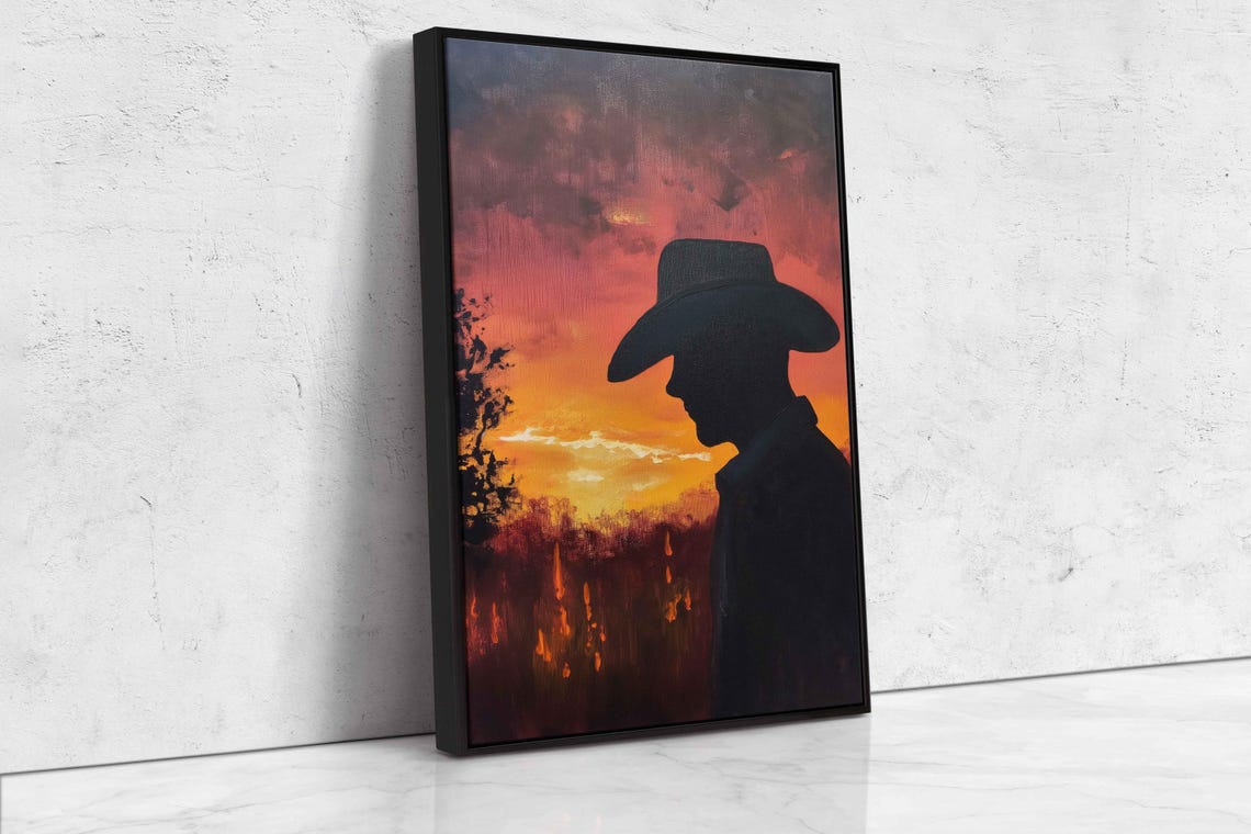 Cowboy Silhouette Profile Against Fiery Sunset Western Poster - Image 4
