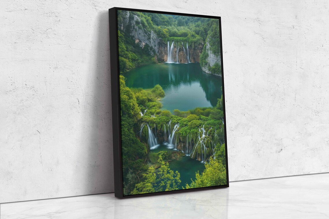 Serene Waterfall Lush Greenery Tranquil Lake Mountain Range Cloudy Skies Wall Art Print Ready To Hang - Image 4