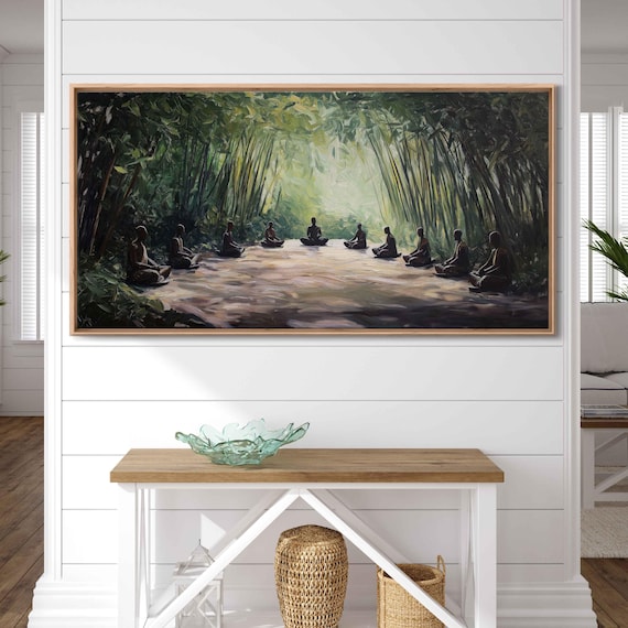 Monks Meditating In Bamboo Forest Circle Serene Mindfulness Zen Wall Art