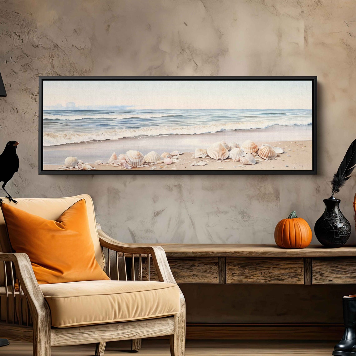 Watercolor Seashell Beach Panoramic Crashing Waves Shore Coastal Print - Image 3