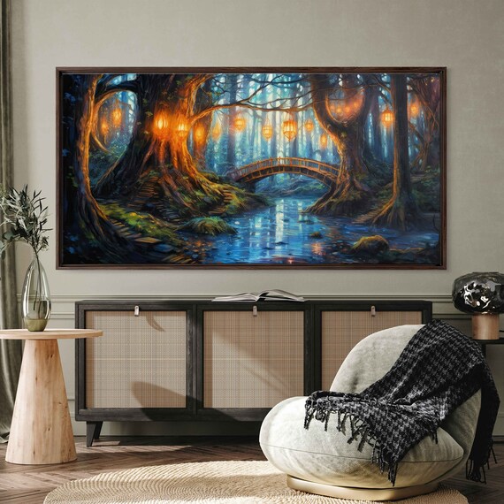 Enchanted Lantern Forest Wooden Bridge Blue Pond Fantasy Art Wall Art Print Ready To Hang Panoramic Painting
