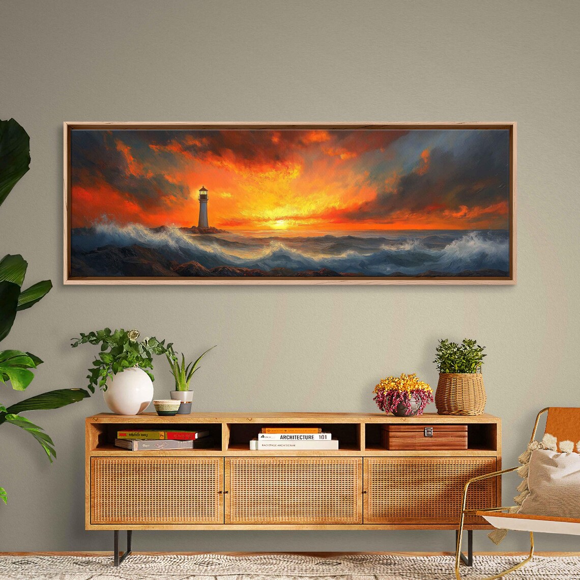 Lighthouse At Fiery Sunset Panoramic Ocean Waves Dramatic Orange Sky Coastal Poster - Image 3