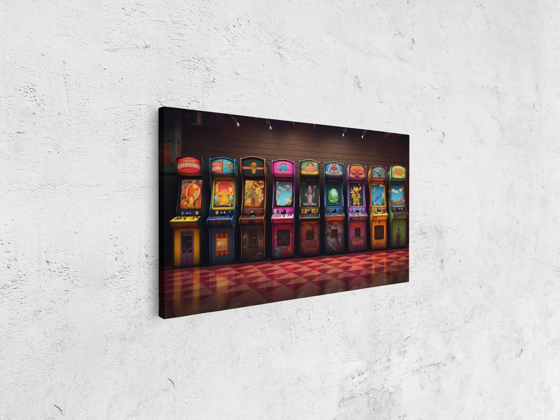 Retro Arcade Machines Row Panoramic Neon Game Room Wall Art Print - Image 4