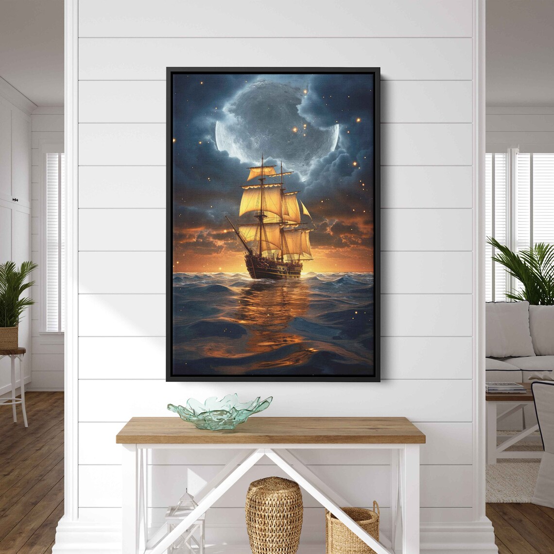 Tall Sailing Ship Full Moon Golden Sails Moonlit Ocean Adventure Poster - Image 3