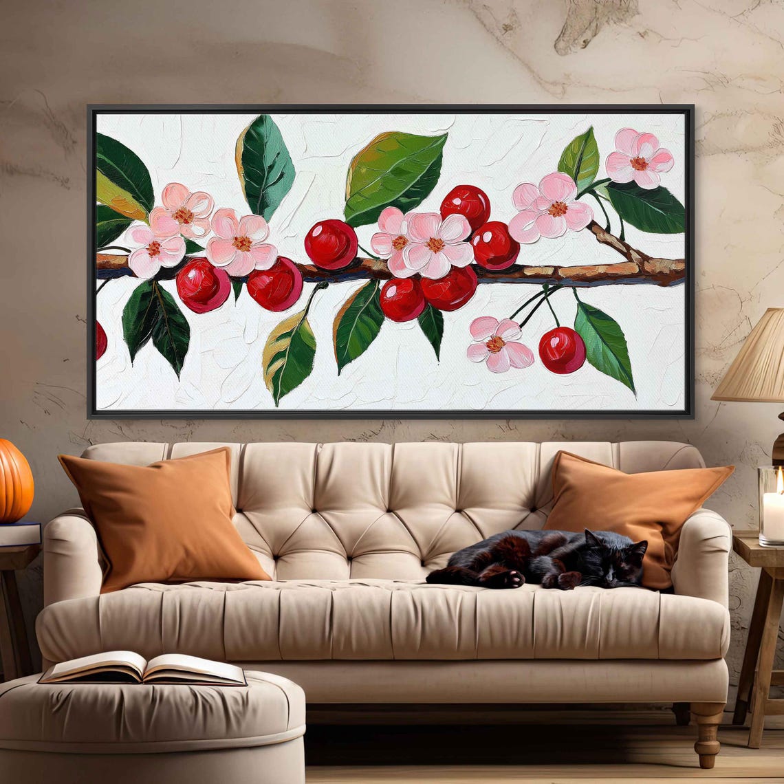 Cherry Branch Red Cherries Pink Blossoms Impasto Oil Kitchen Wall Art - Image 3