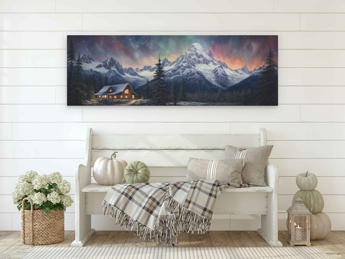 Cabin Below Towering Snowy Peak Colorful Starry Night Sky Poster - Image 2