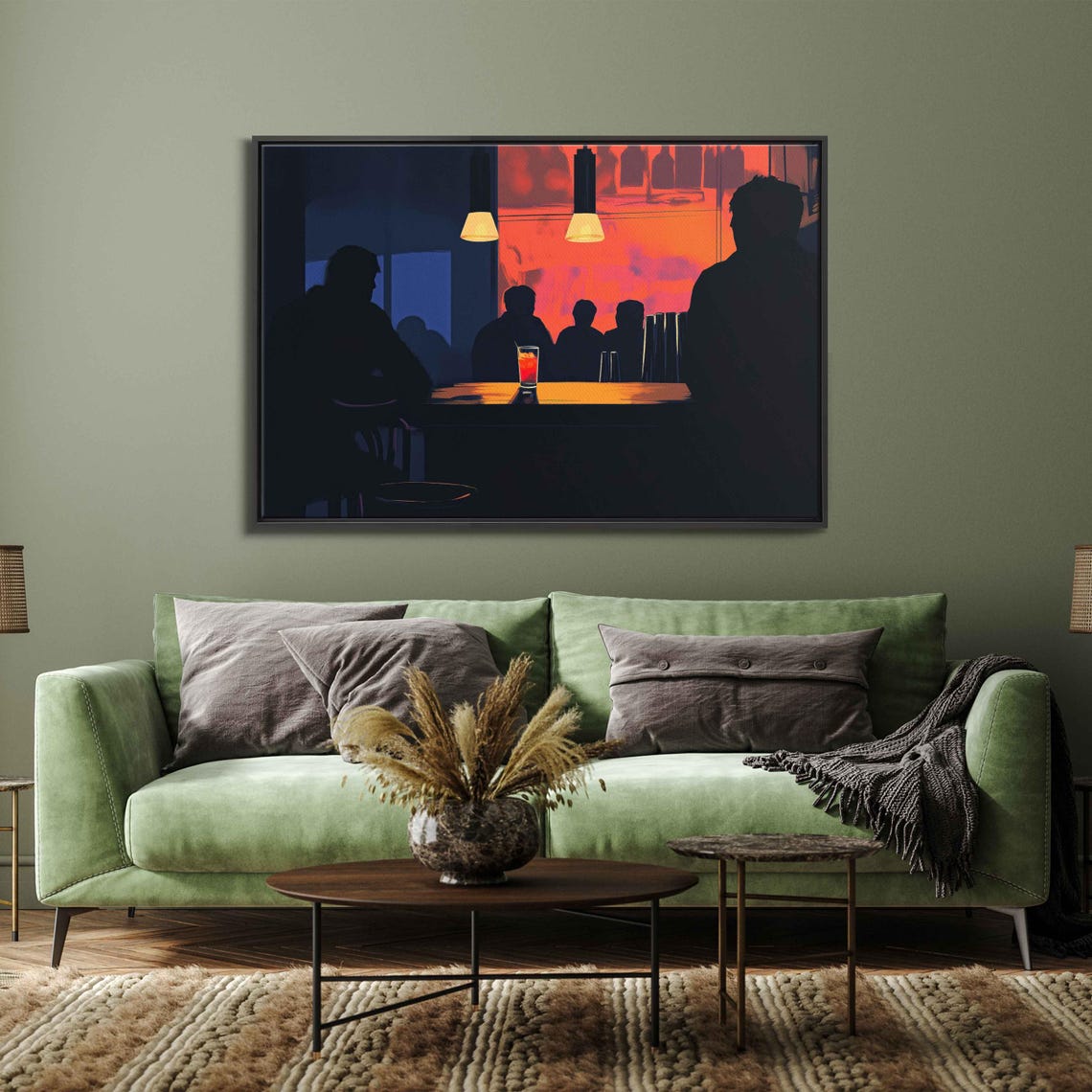 Bar Silhouettes at Dusk Neon Orange Window Evening Scene Poster