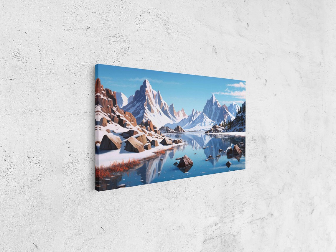 Snow Covered Mountain Landscape Oil Painting Framed Print Ready To Hang Reflective Lake - Image 4