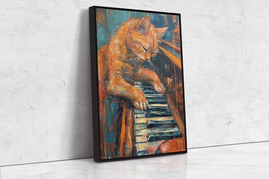 Orange Tabby Cat Playing Piano Palette Knife Painting Whimsical Pet Poster - Image 4