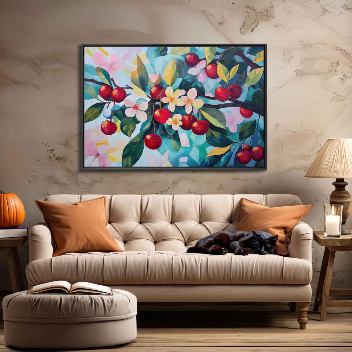 Ripe Cherries White Blossoms Turquoise Leaves Impressionist Art Poster - Image 3