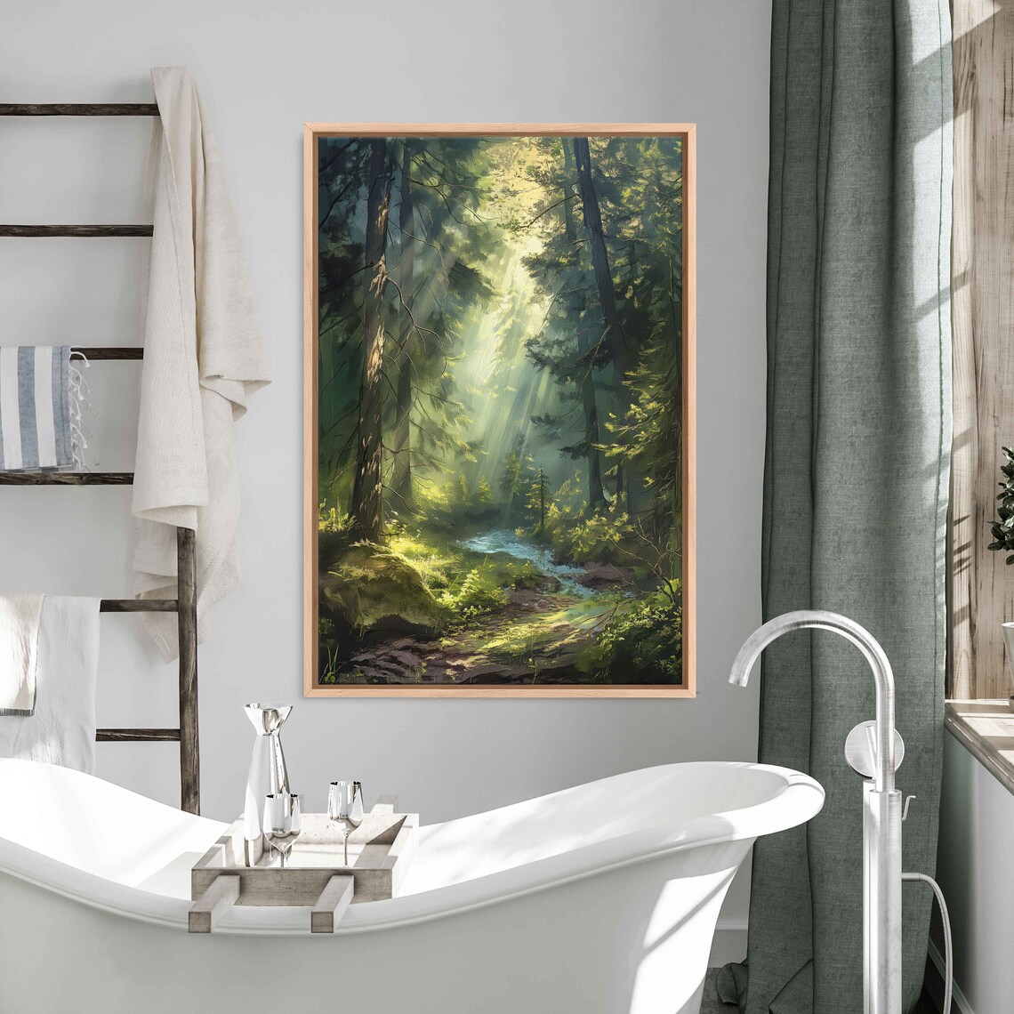 River Running Through Middle Of Forest With Sunlight Shining Through Trees Wall Art Print Nature Poster Ready To Hang - Image 3