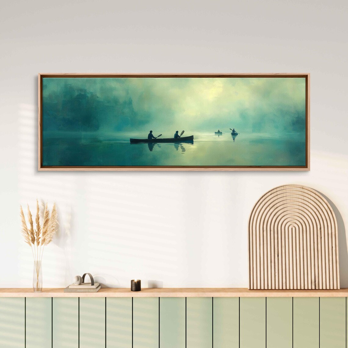 Misty Lake Canoeing Art Print, Serene Atmosphere