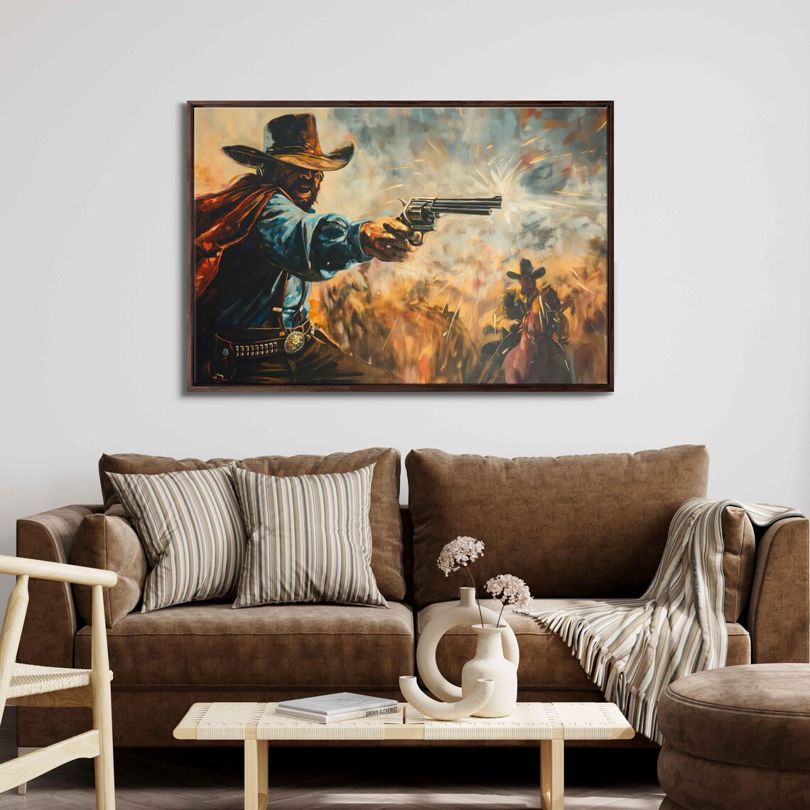 Vintage Cowboy Firing Revolver In Western Showdown Oil Painting Poster