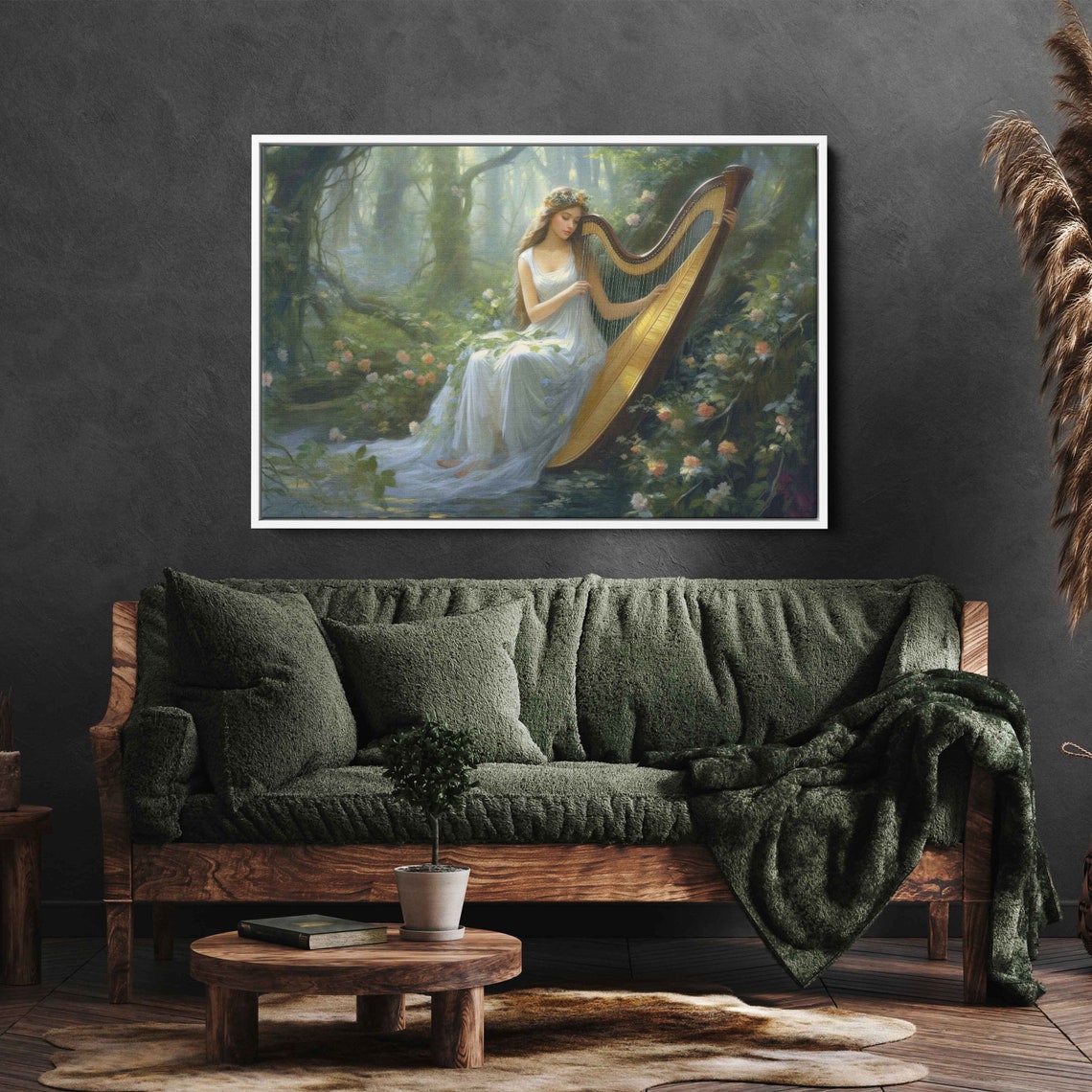 Enchanted Forest Harp Player Woman White Dress Floral Nature Print - Image 2