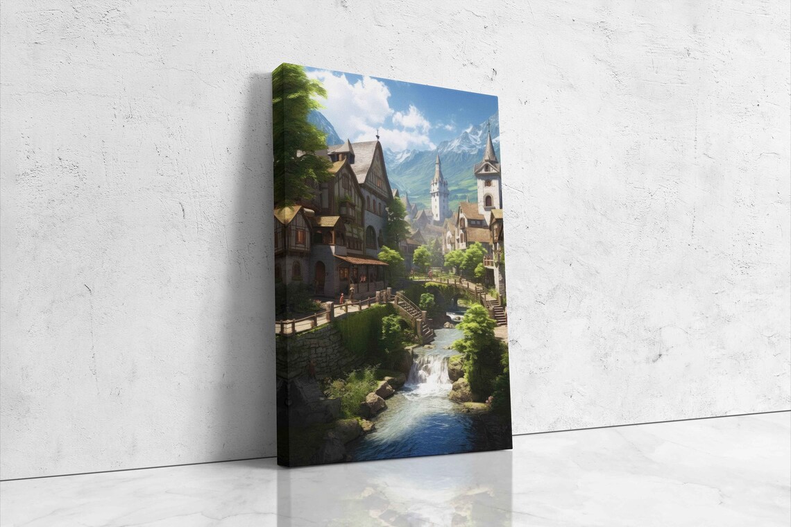 Medieval Village Fantasy Art Framed Print Game Room Decor Gift For Gamer - Image 4
